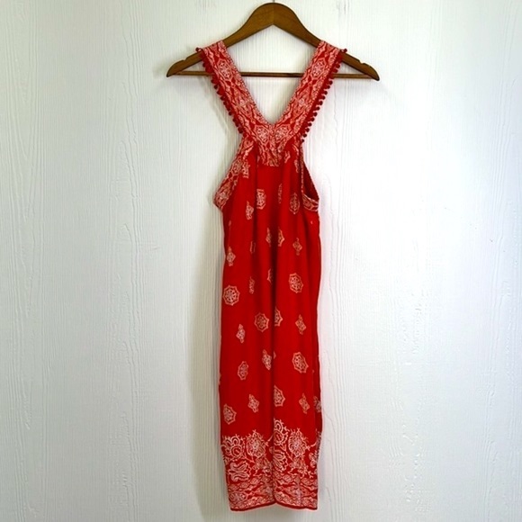 Ann Taylor Loft - Orange Floral White Design V Neck Pom Poms Midi Dress Size SM - Picture 9 of 14